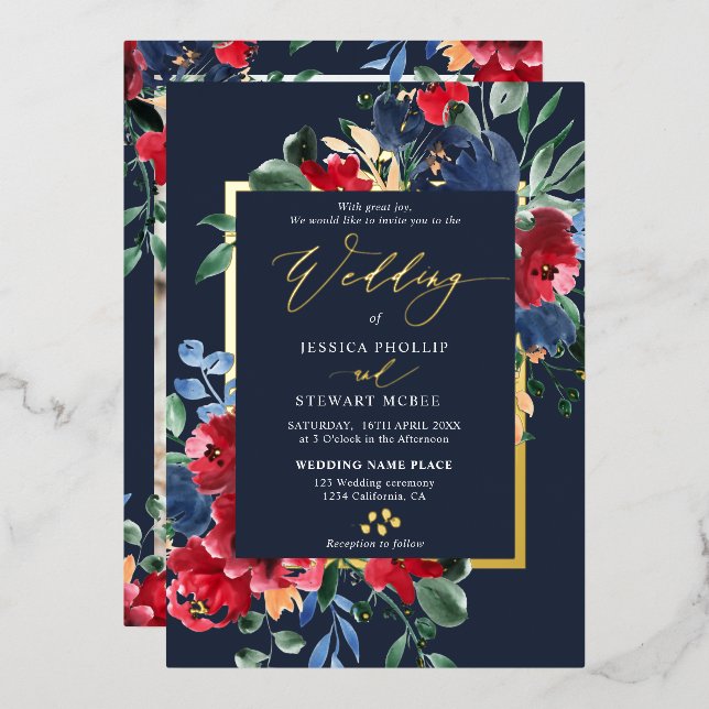Burgundy navy floral gold script photo wedding (Front/Back)
