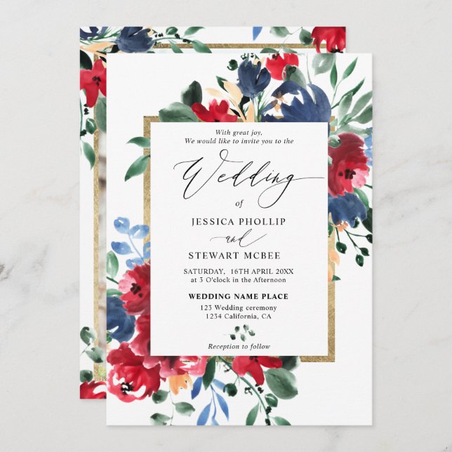 Burgundy navy floral gold script photo wedding invitation (Front/Back)