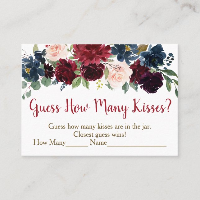 Burgundy & Navy Floral Guess How Many Kisses Game Place Card (Front)