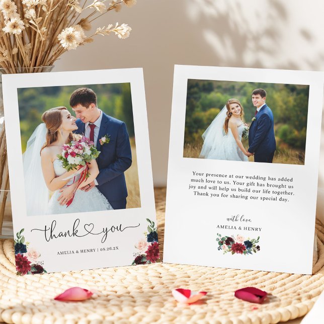 Burgundy Navy Floral Heart Script Wedding Photo Thank You Card (Creator Uploaded)