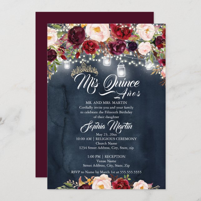 Burgundy Navy Floral Lights Quinceanera  Invitation (Front/Back)