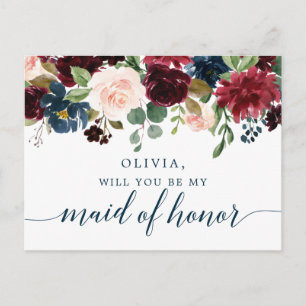 Burgundy Navy Floral Maid of Honour Proposal Card