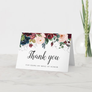 Burgundy navy floral Maid of Honour thank you card