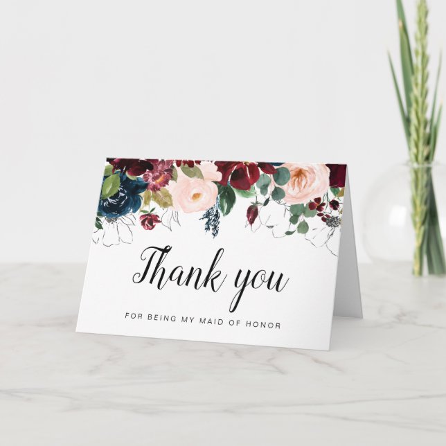 Burgundy navy floral Maid of Honour thank you card (Front)