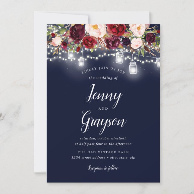 Burgundy Navy Floral Mason Jar Lights Wedding Invitation (Front)