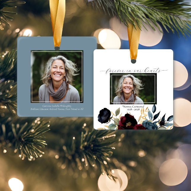 Burgundy Navy Floral Memorial Square Ceramic Ornament (Creator Uploaded)