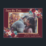 Burgundy Navy Floral Modern Photo Save the Date Announcement Postcard<br><div class="desc">Modern, Elegant, Burgundy Marsala Red Navy Watercolor Floral Save the Date Photo postcard. Chich burgundy, marsala, navy painted watercolor roses, botanical blush floral arrangement wedding design with green leaves on burgundy red or marsala background. Feature an elegant handwritten typography design with text „Save the Date” and one horizontal photo with...</div>