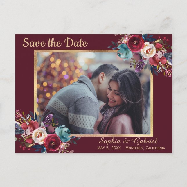 Burgundy Navy Floral Modern Photo Save the Date Announcement Postcard (Front)