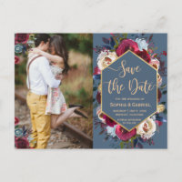 Burgundy Navy Floral on Blue Photo Save the Date