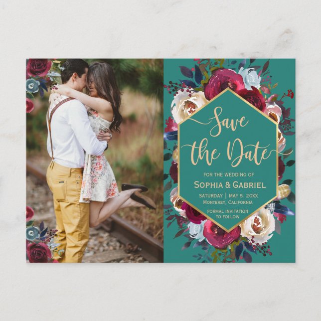 Burgundy Navy Floral on Green Photo Save the Date Announcement Postcard (Front)