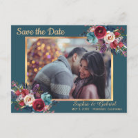 Burgundy Navy Floral on Teal | Photo Save the Date