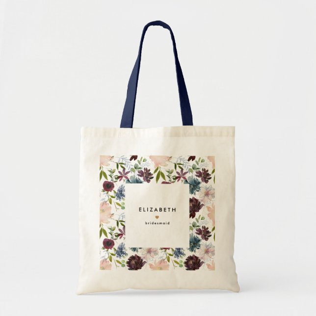 Burgundy Navy Floral Pattern Custom Bridal Party Tote Bag (Front)