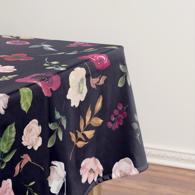 Burgundy Navy Floral Pattern Tablecloth (In Situ)