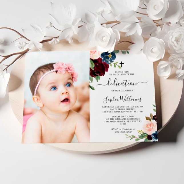 Burgundy & Navy Floral Photo Dedication Invitation (Creator Uploaded)