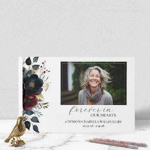 Burgundy Navy Floral Photo Funeral Memorial  Guest Book