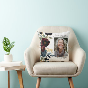 Burgundy Navy Floral Photo Keepsake Pillow