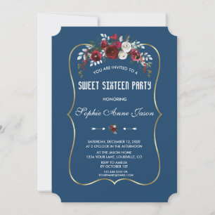 Burgundy Navy Floral Pine Gold Sweet Sixteen Invitation