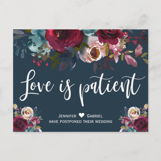 Burgundy Navy Floral Postponed Wedding Announcement Postcard (Front)