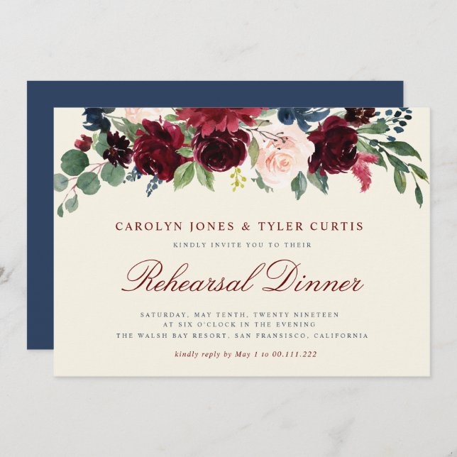 burgundy navy floral Rehearsal Dinner invitation (Front/Back)