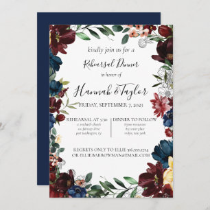 Burgundy Navy Floral Rehearsal Dinner Invitation