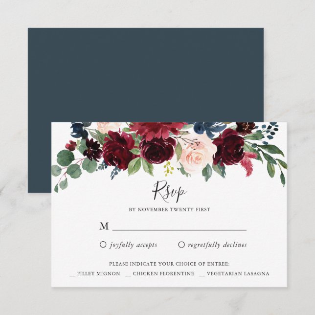 Burgundy Navy Floral RSVP Reply Card (Front/Back)