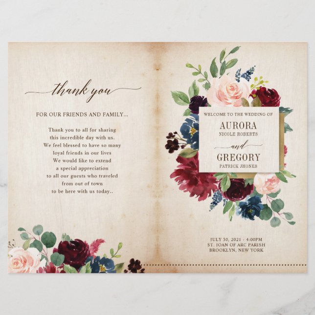 Burgundy Navy Floral Rustic Boho Country Program (Front)