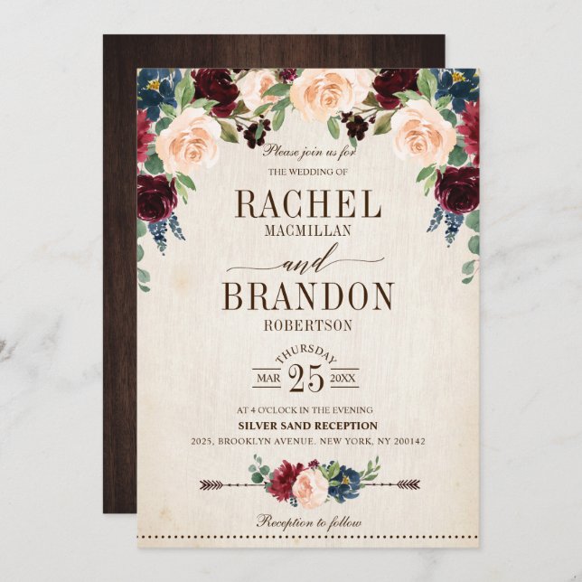 Burgundy Navy Floral Rustic Boho Country Wedding Invitation (Front/Back)