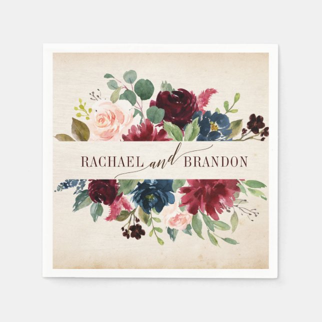 Burgundy Navy Floral Rustic Boho Country Wedding Napkin (Front)