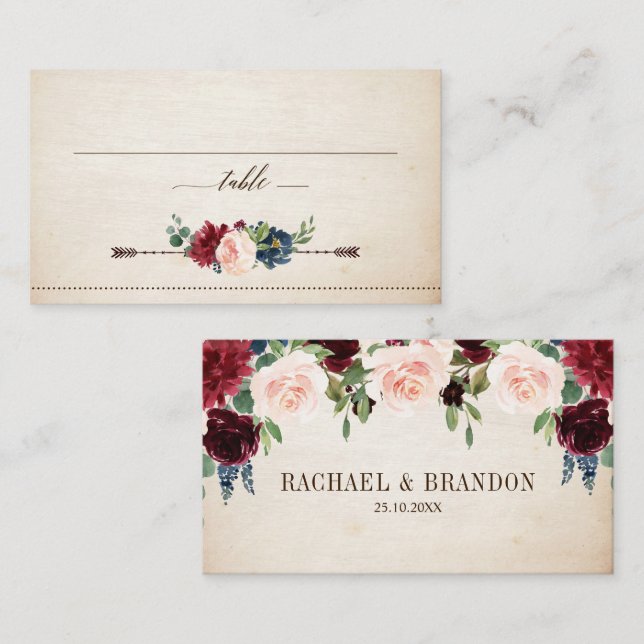 Burgundy Navy Floral Rustic Boho Country Wedding  Place Card (Front/Back)