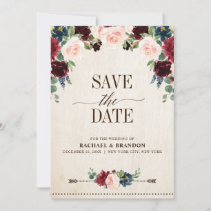 Burgundy Navy Floral Rustic Boho Country Wedding Save The Date