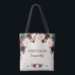 Burgundy Navy Floral Rustic Boho Country Wedding Tote Bag<br><div class="desc">Watercolor burgundy red navy blush pink rustic country bohemian classy floral Bridal shower bridesmaid gift tote bag template with green botanical foliage and eucalyptus leaves in wooden background. This beautiful easy to customise design can match easily with your wedding colours, styles and theme and it is a perfect choice for...</div>