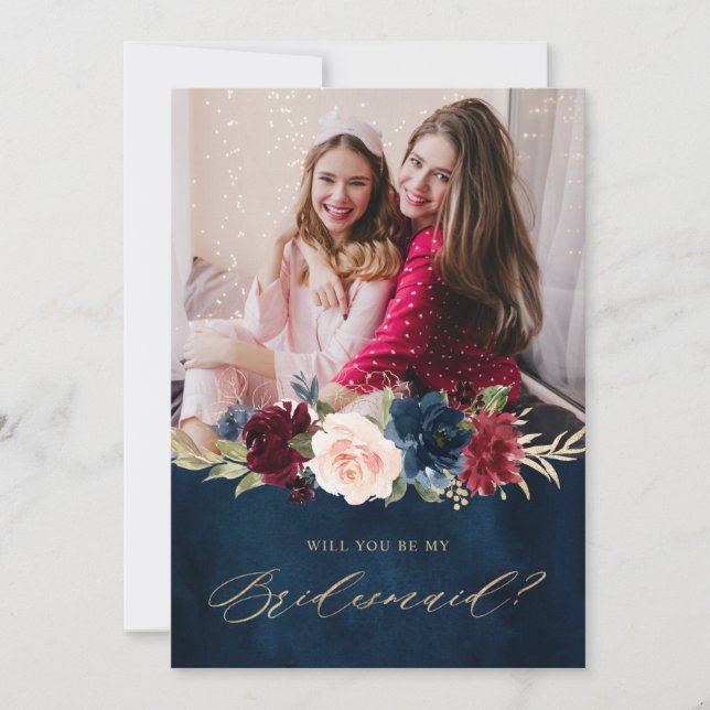 Burgundy Navy Floral Rustic Bridesmaid Proposal Invitation (Front)