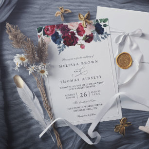 Burgundy Navy Floral Rustic Chic QR Code Wedding Invitation