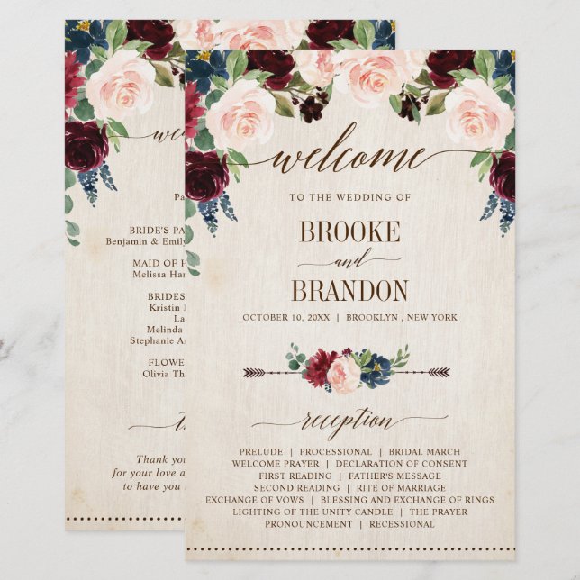 Burgundy Navy Floral Rustic Country Program (Front/Back)