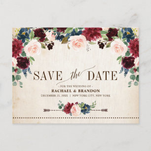 Burgundy Navy Floral Rustic Country Save the Date Announcement Postcard