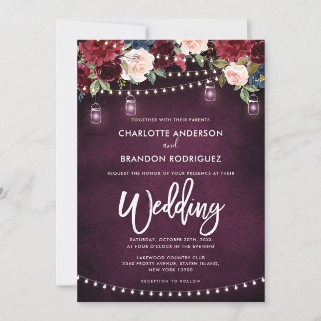 Burgundy Navy Floral Rustic String Light Wedding Invitation (Front)