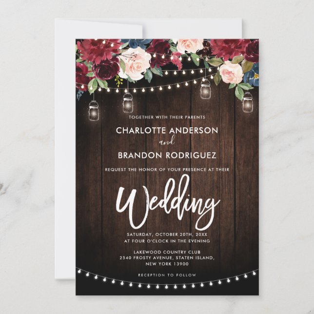 Burgundy Navy Floral Rustic String Light Wedding Invitation (Front)