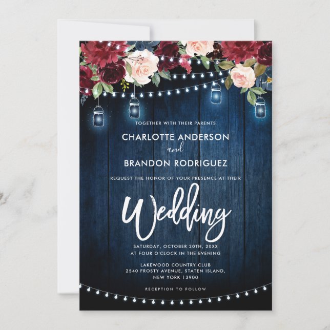 Burgundy Navy Floral Rustic String Light Wedding Invitation (Front)