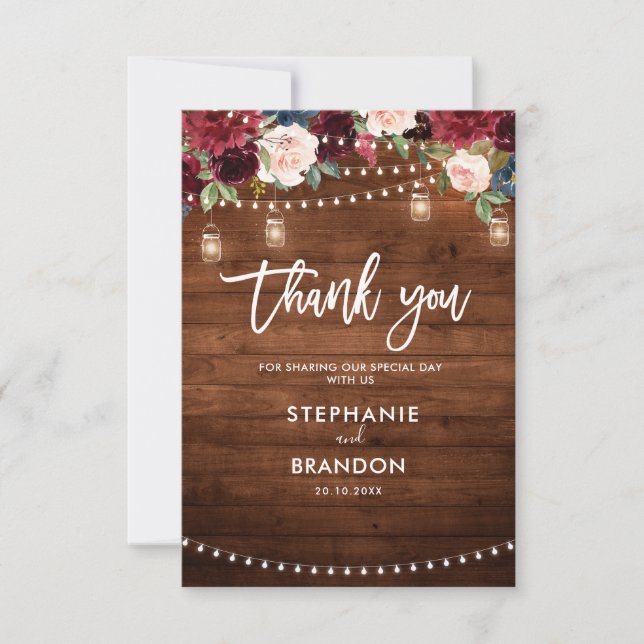 Burgundy Navy Floral Rustic String Light Wedding Thank You Card (Front)