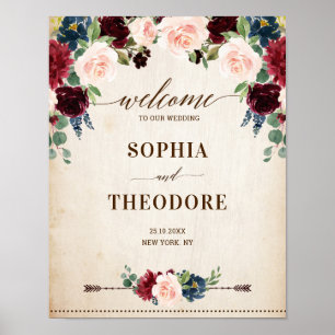 Burgundy Navy Floral Rustic Wedding welcome Sign