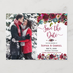 Burgundy Navy Floral Save the Date Photo Announcement Postcard