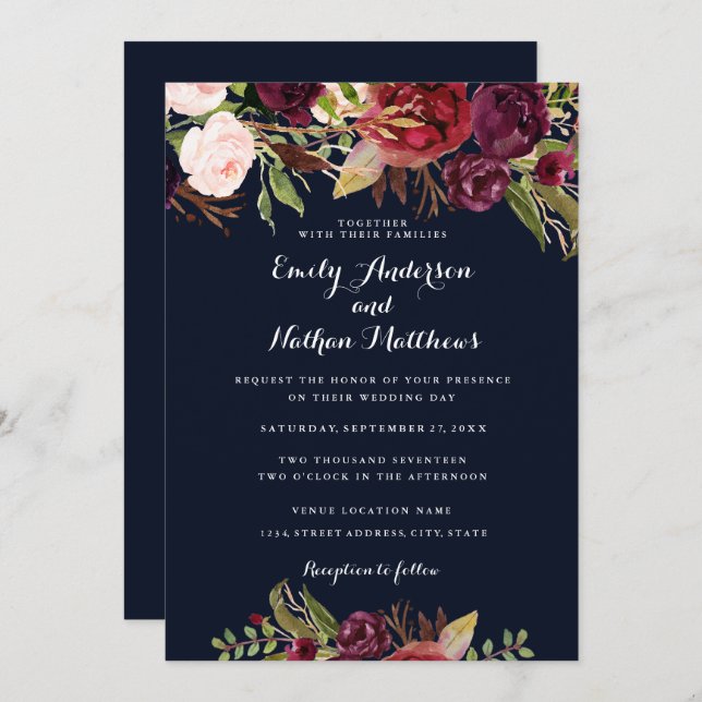 Burgundy Navy Floral Spring Wedding Invitation (Front/Back)