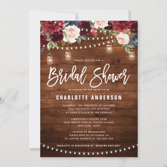 Burgundy Navy Floral String Light Bridal Shower In Invitation (Front)