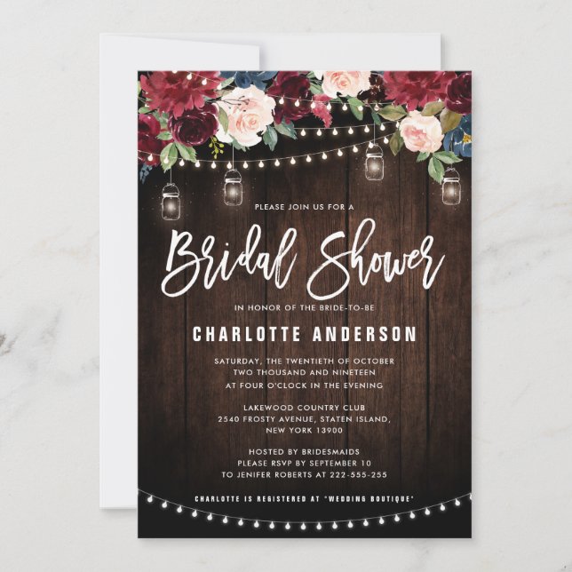 Burgundy Navy Floral String Light Bridal Shower Invitation (Front)