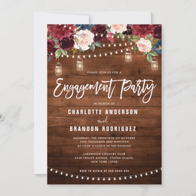 Burgundy Navy Floral String Light Engagement Party Invitation (Front)