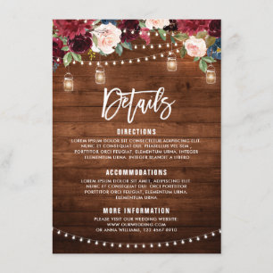 Burgundy Navy Floral String Light mason jar Enclosure Card