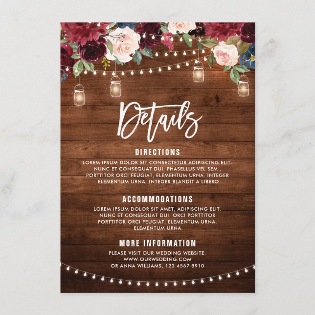 Burgundy Navy Floral String Light mason jar Enclosure Card (Front)
