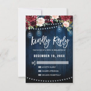 Burgundy Navy Floral String Light mason jar RSVP Card