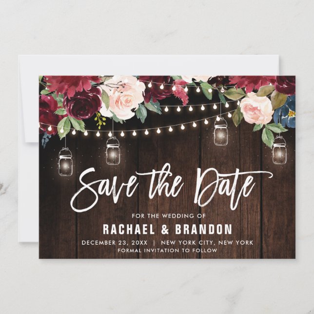 Burgundy Navy Floral String Light mason jar Save The Date (Front)