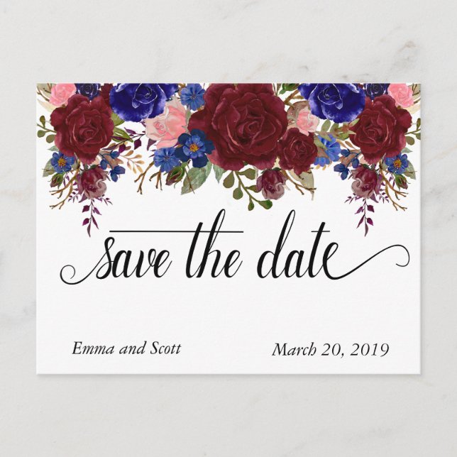 Burgundy Navy Floral Typography Save The Date Announcement Postcard (Front)